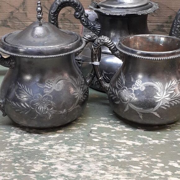 6 pc. Vintage Homan Silver plate Co tea pot, cream & sugar set, tray READ! - Picture 14 of 16
